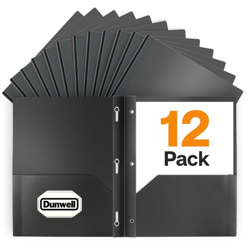 Dunwell Plastic Folders with 3 Prongs  (12 Pack  Black)  2-Pocket Folders with Fasteners  Durable Acid-Free Poly for Long Term Use  Includes Labels - Image 1